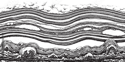 Abstract black and white hand drawn illustration with wavy lines.