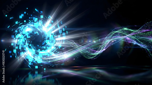 Abstract Digital Vortex: A mesmerizing display of digital artistry, with a vibrant vortex of energy and light dancing against a dark background, the image evokes a sense of technological advancement.