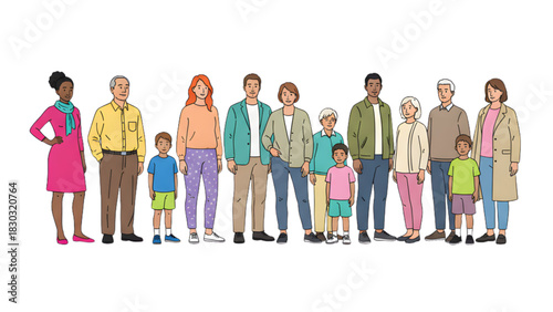 Harmony of Generations: A vibrant gathering of people from different age groups and backgrounds, stands shoulder to shoulder, forming a united front that represents familial bond and inclusivity.