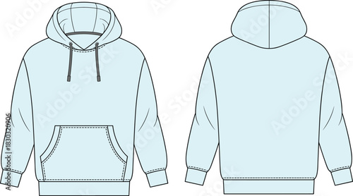 Hooded sweatshirt fashion flat sketch, front and back view, kangaroo pocket, drawstring hood, ribbed cuffs hem, apparel CAD vector illustration