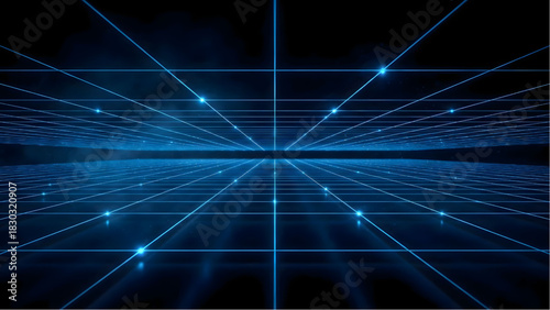 Digital Network Visualization: Futuristic depiction of a complex digital network, rendered in vibrant blue, highlighting connectivity, data flow, and technological advancement.