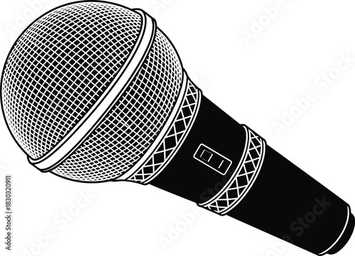 Handheld microphone, audio device, sound recording, music performance, podcast tool, broadcasting equipment, public speaking, flat vector, black silhouette, isolated icon