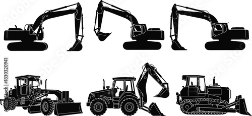 Construction machinery silhouette set, excavator, bulldozer, backhoe loader, front-end loader, heavy equipment shapes, industrial vehicle flat vector illustration