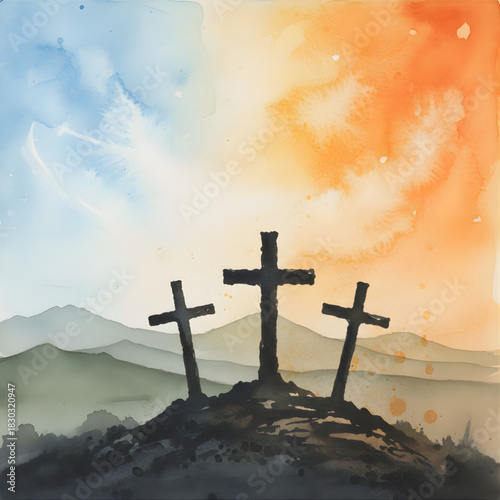 Silhouette of a Christian cross on the hill against a dramatic sunset sky symbolizing religious faith and resurrection