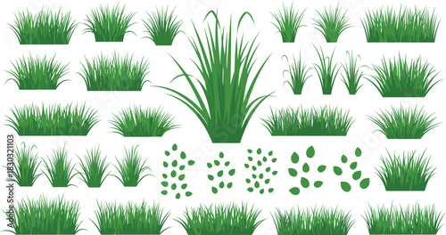 Grass and leaf collection, stylized foliage, botanical icons, nature design asset, landscaping elements, garden texture set, decorative greenery, flat vector