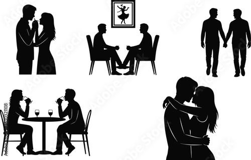Romantic couple silhouettes, love gestures, intimate moments, social interaction icons, relationship poses, emotional connection scenes, black design asset, flat vector