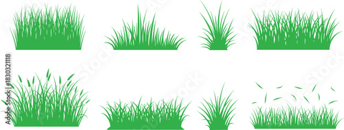 Grass patch collection, stylized green blades, landscaping elements, nature design asset, botanical texture set, garden foliage icons, flat vector