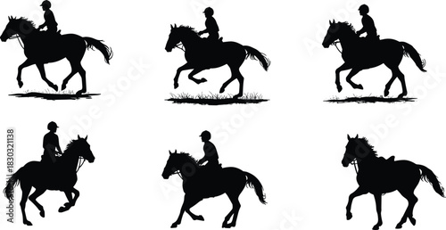 Horse riding silhouettes, equestrian motion vector, rider on horseback poses, dynamic gait illustration, flat vector, black outline, saddle art
