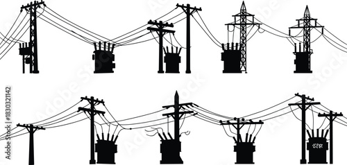 Electrical infrastructure silhouettes, utility poles and transmission towers, transformer vector set, power grid components, flat vector, black outline, energy system