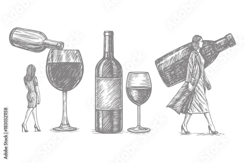 Vintage wine scenes sketch design collection. ripe grapes woman dressed in retro fashion holds wine bottle and filled wine glass. Vector illustration. Eps 10