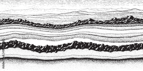 Detailed CrossSection of Earth Layers with Varied Textures and Formations.