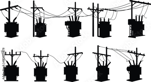 Pole-mounted transformer silhouettes, electrical infrastructure icons, power line vector set, energy grid components, flat vector, black outline, utility art
