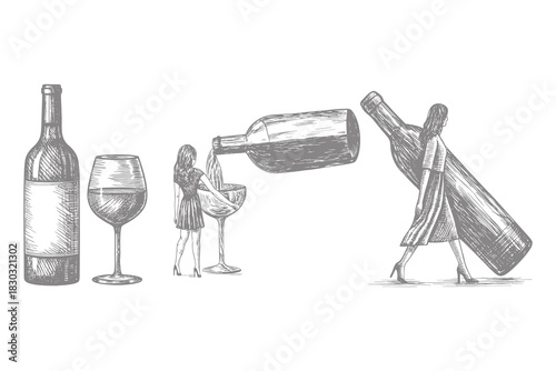 Vintage wine scenes sketch design collection. ripe grapes woman dressed in retro fashion holds wine bottle and filled wine glass. Vector illustration. Eps 10