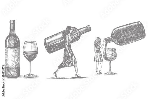wine bottle and filled wine glass illustration. wine lifestyle scenes sketch set with classic bottle and glass person pouring. Eps 10