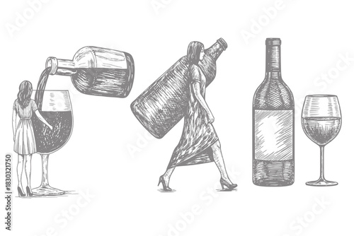 wine culture concept illustration. classic bottle and glass person pouring wine into oversized goblet holding glass in relaxed pose. Eps 10