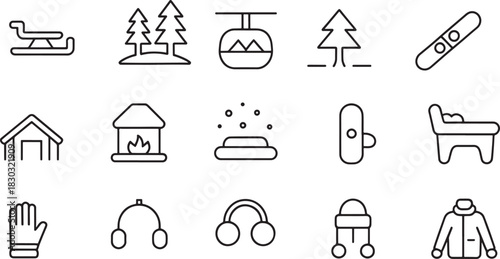 Winter and snow sport themed outline icons on a white background Keywords: winter, snow, sport, icons