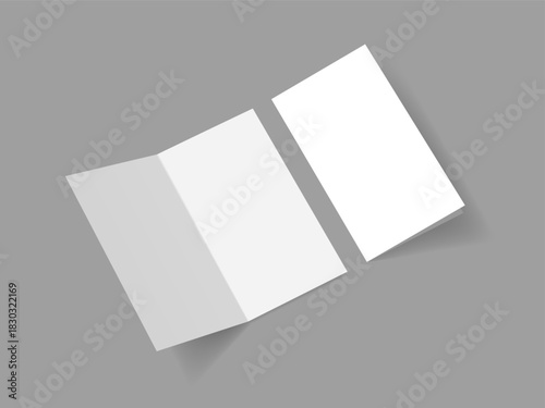 Half fold brochure blank white template for mockup and presentation design. Slim vertical half folded brochure on gray. Euro postcard mockup vector