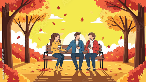 Flat vector autumn scene of people sitting on a park bench holding coffee, falling leaves and cozy outdoor seasonal atmosphere.