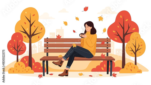 Flat vector autumn scene of people sitting on a park bench holding coffee, falling leaves and cozy outdoor seasonal atmosphere.