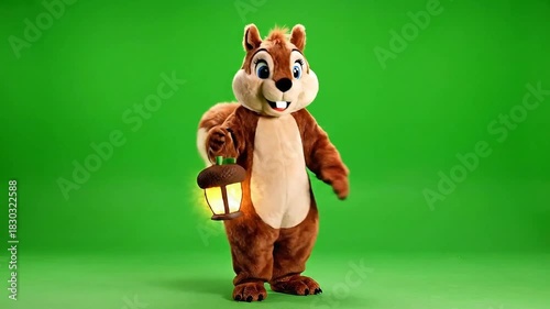 Animated Chipmunk Character with Lantern on Green Screen Background Standing and Holding Glowing Acorn Lamp