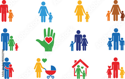 Set of Family and Child Care Icons, Colorful Vector Symbols for Parenthood, Protection, Adoption, and Community Support Services with Multiracial Figures