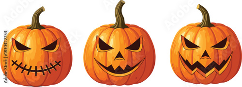 Set of Three Evil Halloween Jack-o'-Lanterns, Vector Illustration of Scary Carved Pumpkins with Spooky Faces for Holiday Decorations and Design