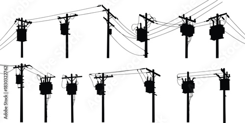 Utility pole silhouettes, transformer layout vector, power line configuration set, electrical grid illustration, flat vector, black outline, energy icons