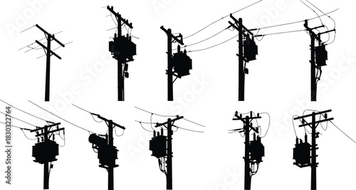 PrintUtility pole silhouettes, transformer arrangement vector, power line configuration, electrical grid illustration, energy infrastructure icons, flat vector, black outline