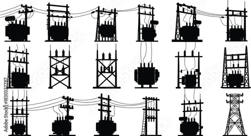 Transformer silhouettes, transmission tower vector set, electrical infrastructure icons, power grid components, flat vector, black outline, energy system