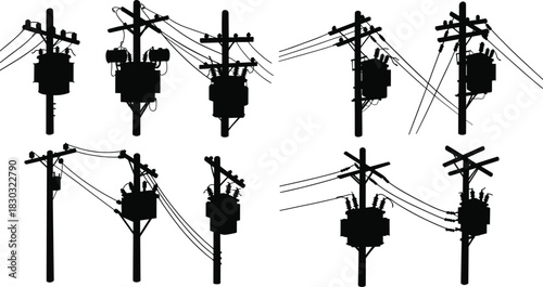 Utility pole silhouettes, transformer configuration vector, power line illustration, electrical grid setup, energy distribution graphic, flat vector, black outline