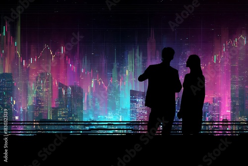 Business colleagues observe dramatic digital financial market fluctuations over a neon-lit metropolitan skyline