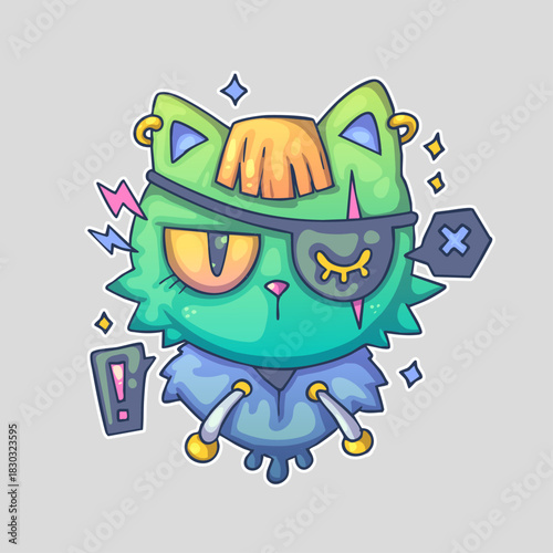 A quirky cartoon cat with an eyepatch, orange fur, and a blue collar, surrounded by various playful symbols. Cartoon vector character. Trendy style. Vector illustration.