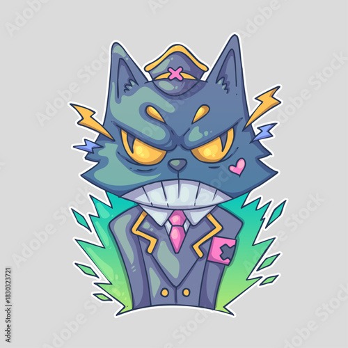 A cartoon cat in a suit with glowing eyes, a hat, and a heart on the cheek, surrounded by green spikes. Cartoon vector character. Trendy style. Vector illustration.