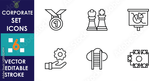 A clean corporate icon set featuring a medal, chess pieces, presentation board, hand with gear, playground slide, and meeting table, all in minimal editable stroke style
