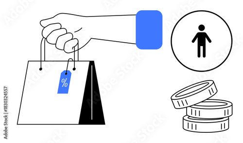 Hand grasping shopping bag with percentage discount tag, stack of coins, and person icon highlighting themes of retail, customer behavior, savings, e-commerce, shopping, sales, and simple flat