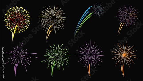 Vector Set of Fireworks on Black Background
