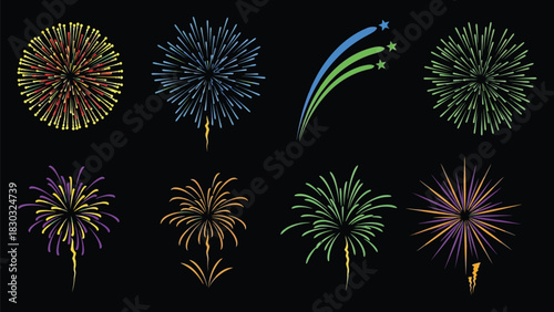 Vector Set of Fireworks on Black Background
