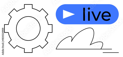 Gear icon, cloud shape, and live play button in blue show connectivity, live-streaming, technical optimization, and cloud services. Ideal for tech, networking, automation live hosting software
