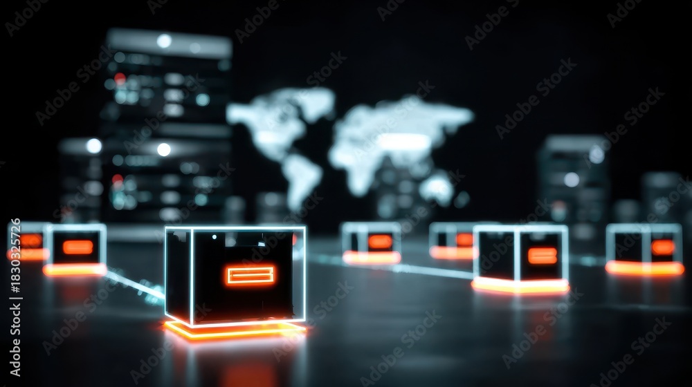 Fototapeta premium Satellite arrays send streams to computing engines, software produces graphics visualizations, vision modules analyze patterns, and firewall secures the database infrastructure