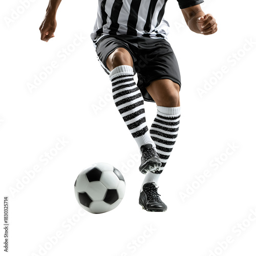 Soccer player kicking a black and white ball with striped socks isolated on a white or transparent background