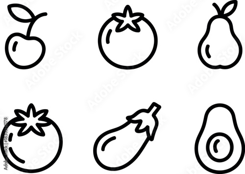 Outline drawing of fruits and vegetables isolated on