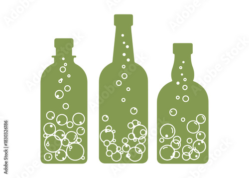 Featuring three minimalist bottles with bubble patterns in a line art style, this illustration highlights the contrast in design and simplicity. It's perfect for themes surrounding beverages, design.