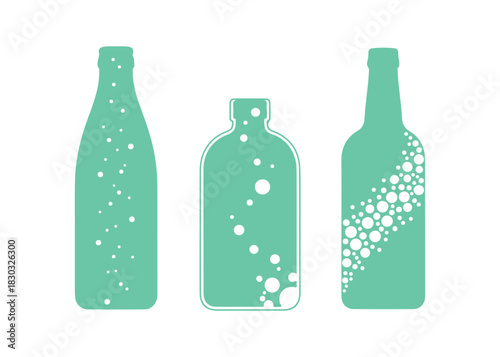 This artwork showcases three minimalist bottles with bubble motifs in a line art style, demonstrating a contrast in design and simplicity. It's ideal for concepts involving drinks, design.
