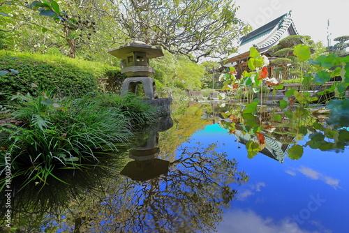 Hasedera, a Buddhist temple and gardens with a huge wooden statue of the god Kannon in Kamakura, Kanagawa, Japan