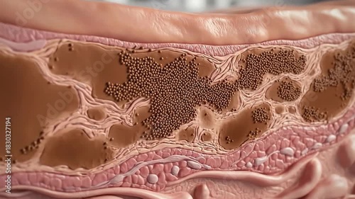 Detailed cross section of human skin layers showing melanin deposits and cellular structure under microscopic view with soft lighting