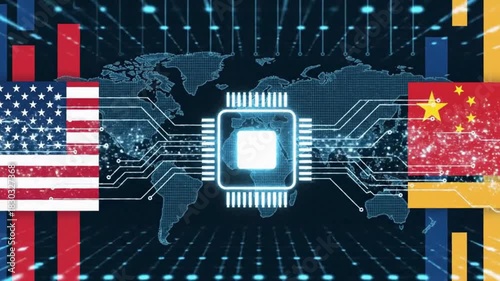 Abstract US China chip war technology background with central microchip