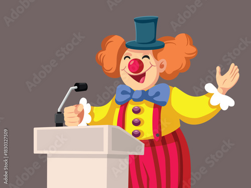 Clown Gives an Important Speech Vector Illustration. Happy cheerful showman making comedy show on the stage
