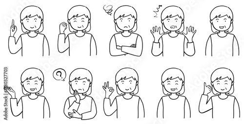 ポーズをとる中年女性のイラストセット　線画