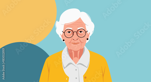 Elderly woman with glasses looking directly at the camera.