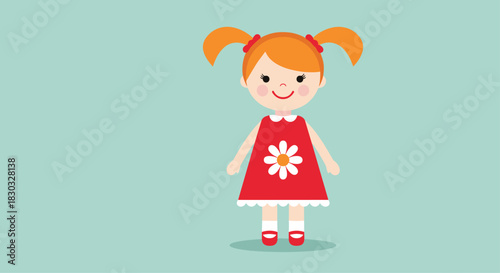 Cute cartoon girl with red dress and pigtails smiling.